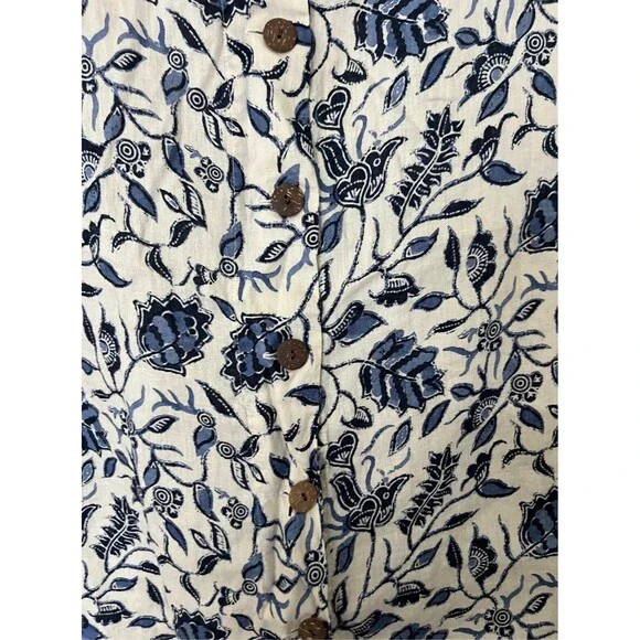 Rachel Zoe 100% Linen Button Back Top Size M Blue White Floral Boho Coastal - Picture 4 of 5
